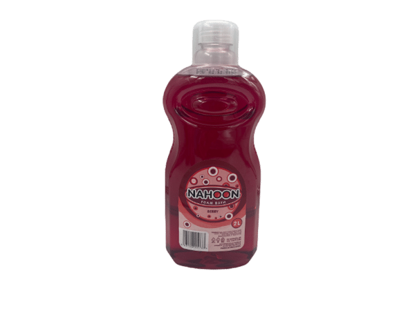 A bottle of raspberry juice on a white background.
