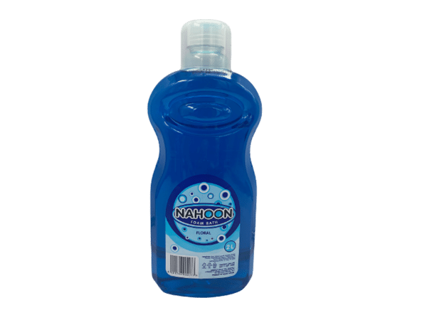 A bottle of blue liquid soap on a white background.